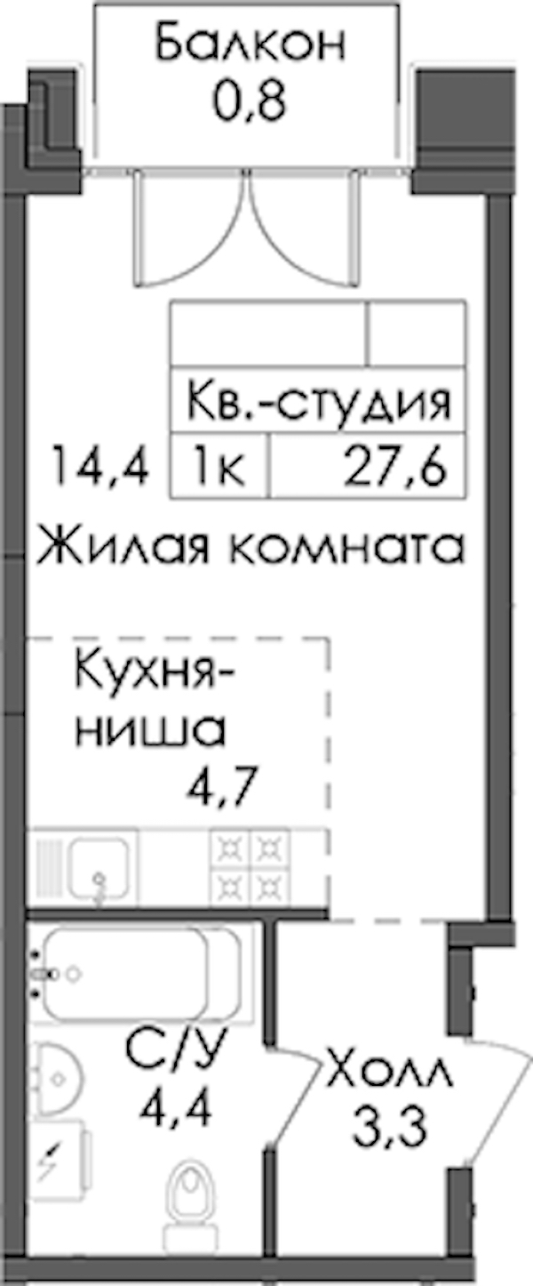 Квартира студия 27.6 м², 7/9 эт., ЖК «Лермонтовский 54»